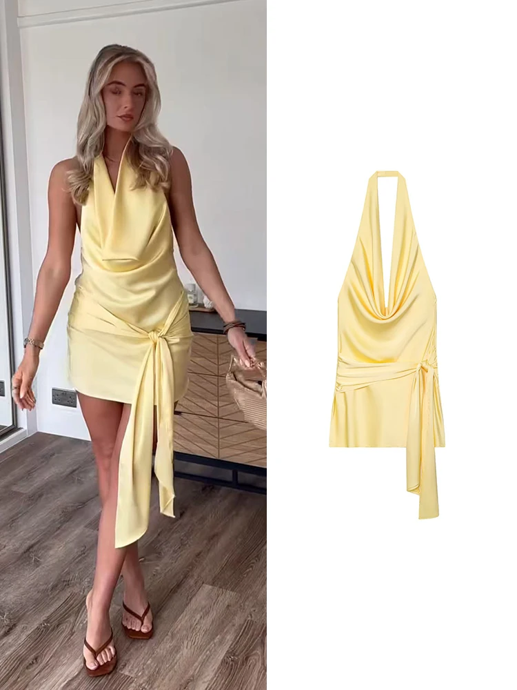 TFMLN Trendy Women Halter Deep V Low-cut Dress Summer New Elegant Backless Solid Sleeveless Lace Up Dresses Chic High Street