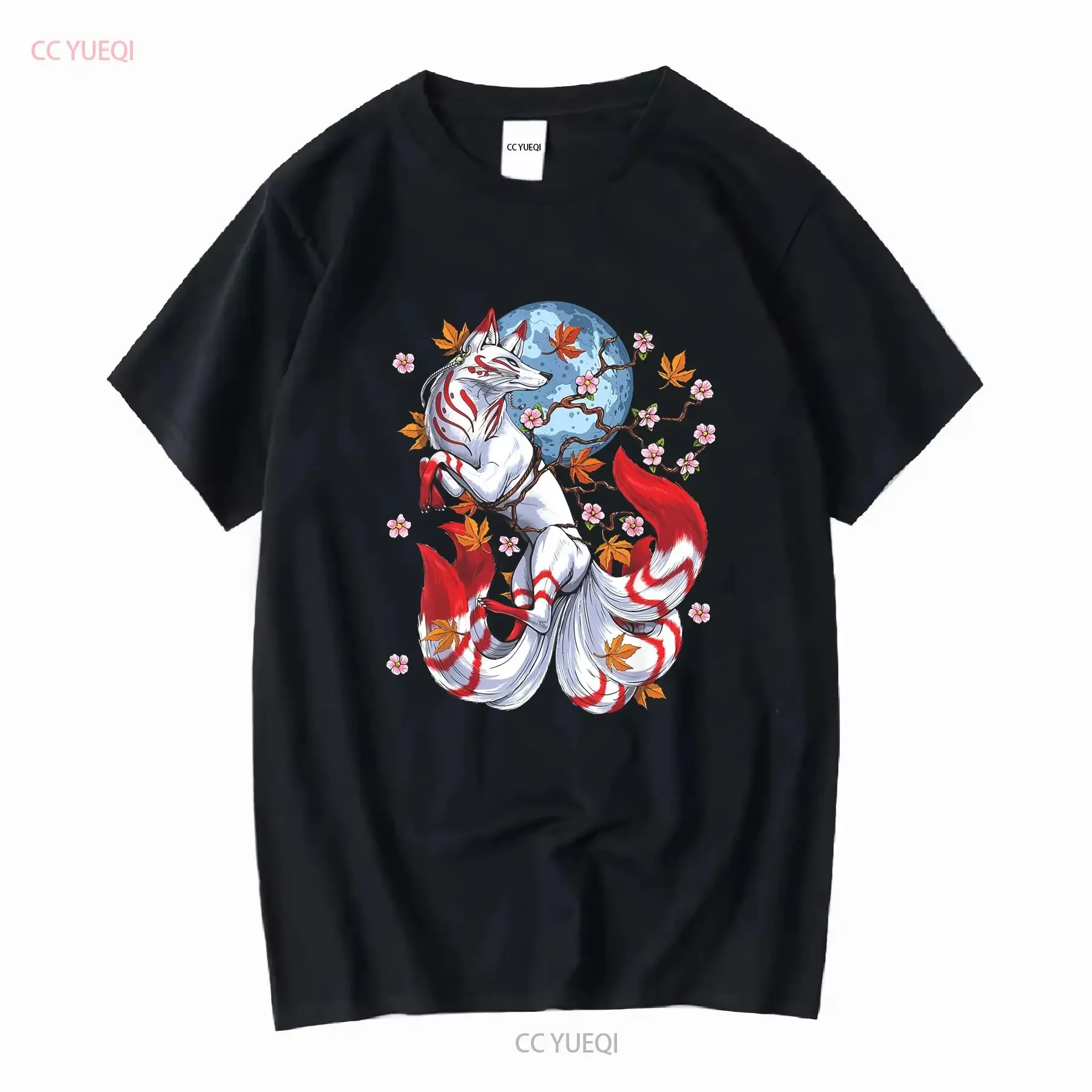 Kitsune Fox japonés nueve colas flor de cerezo flores camiseta tamaño S 2XL vintage lavado streetwear moda Casual homme suave