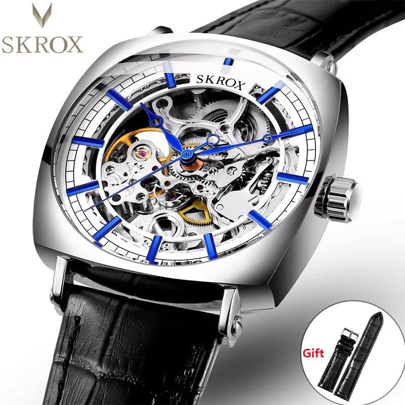 

SKROX Square Skeleton Automatic Movement Elegant Men's Watch Mechanical Clockwork High-End Luxury Leather Vintage Wrist Watches