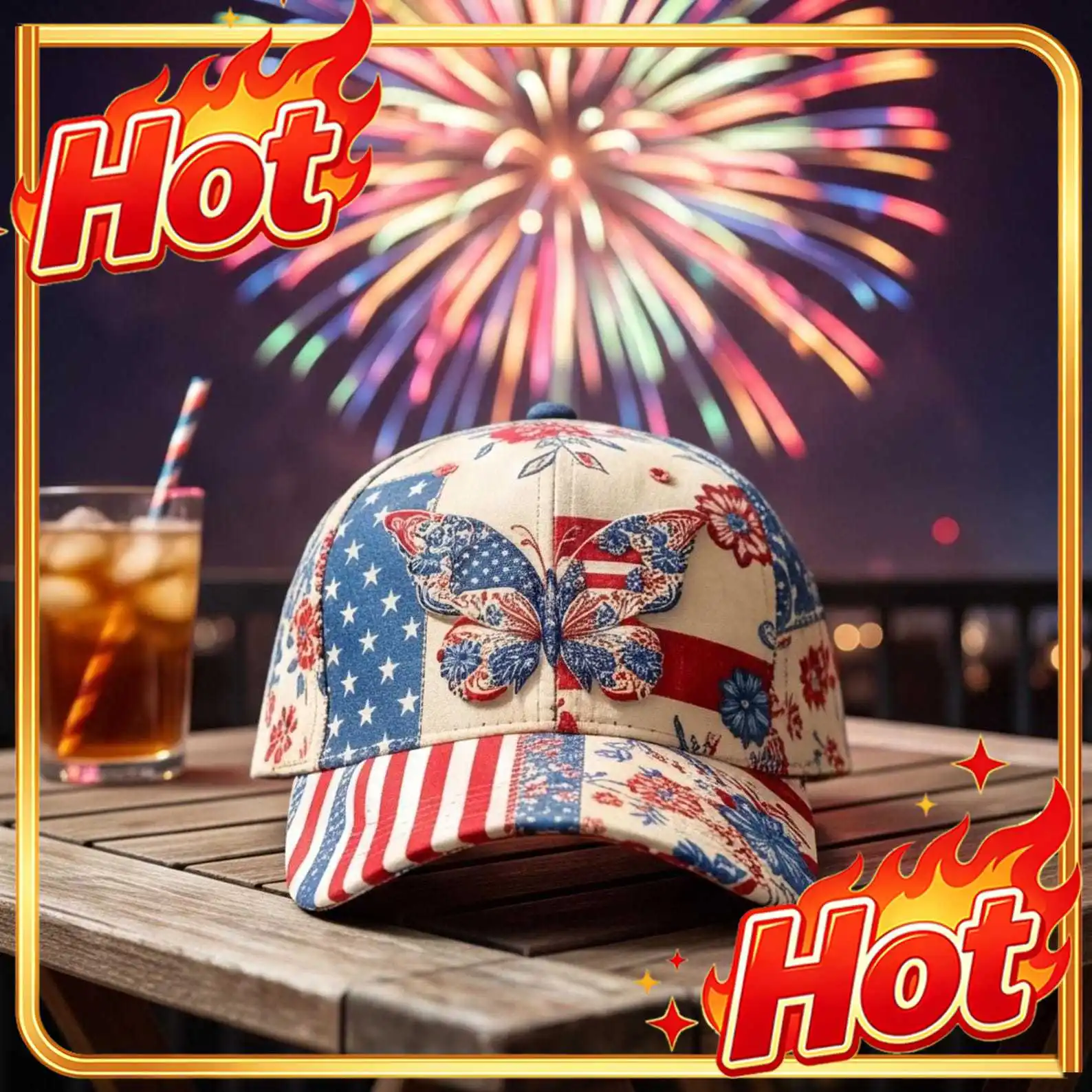 Custom USA 250th Anniversary Floral Hat, 3D Embroidered Look Patriotic Baseball Cap, Faux Embroidery Butterfly Stars Cotton Unis