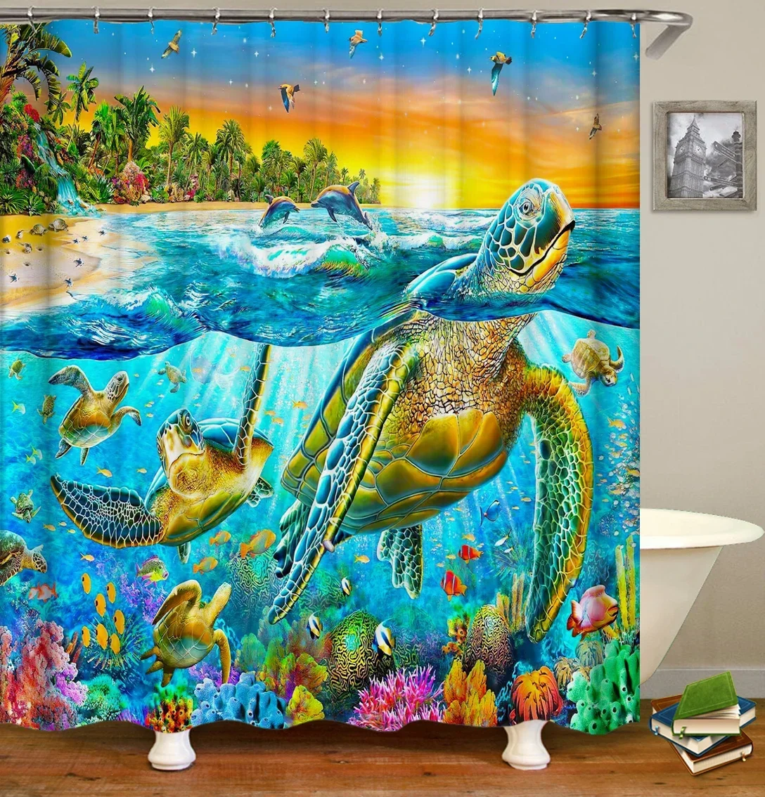 Tropical Ocean Dolphin Shower Curtain Split Sea Surface Palm Island Coral Reef Colorful Fish Turtle Seabird Sunset Marine Life P