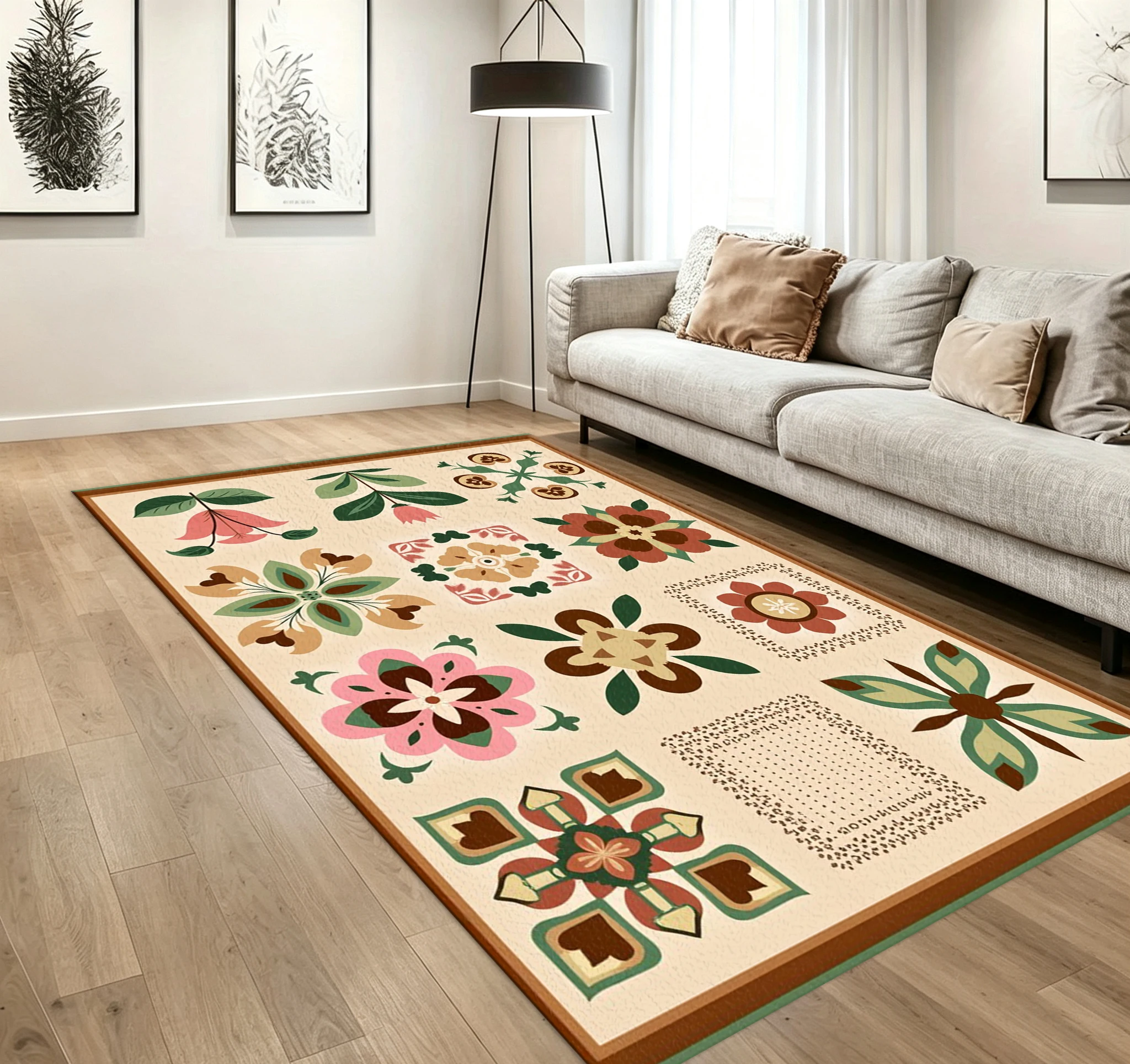 Boho Retro Patchwork Floral Carpet Flooring Multiflora Tile Printed Floor Rug for Household Living Room Study Decor