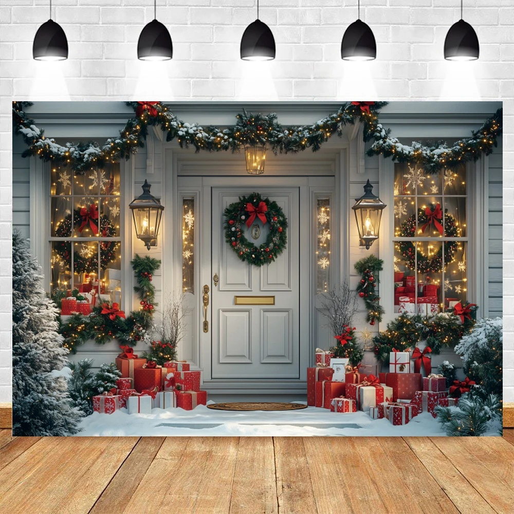 Christmas Decorations Backgrounds For Photographs Snowy Xmas Tree Wreath Gifts Light String Kids Family Portrait Photo Backdrop