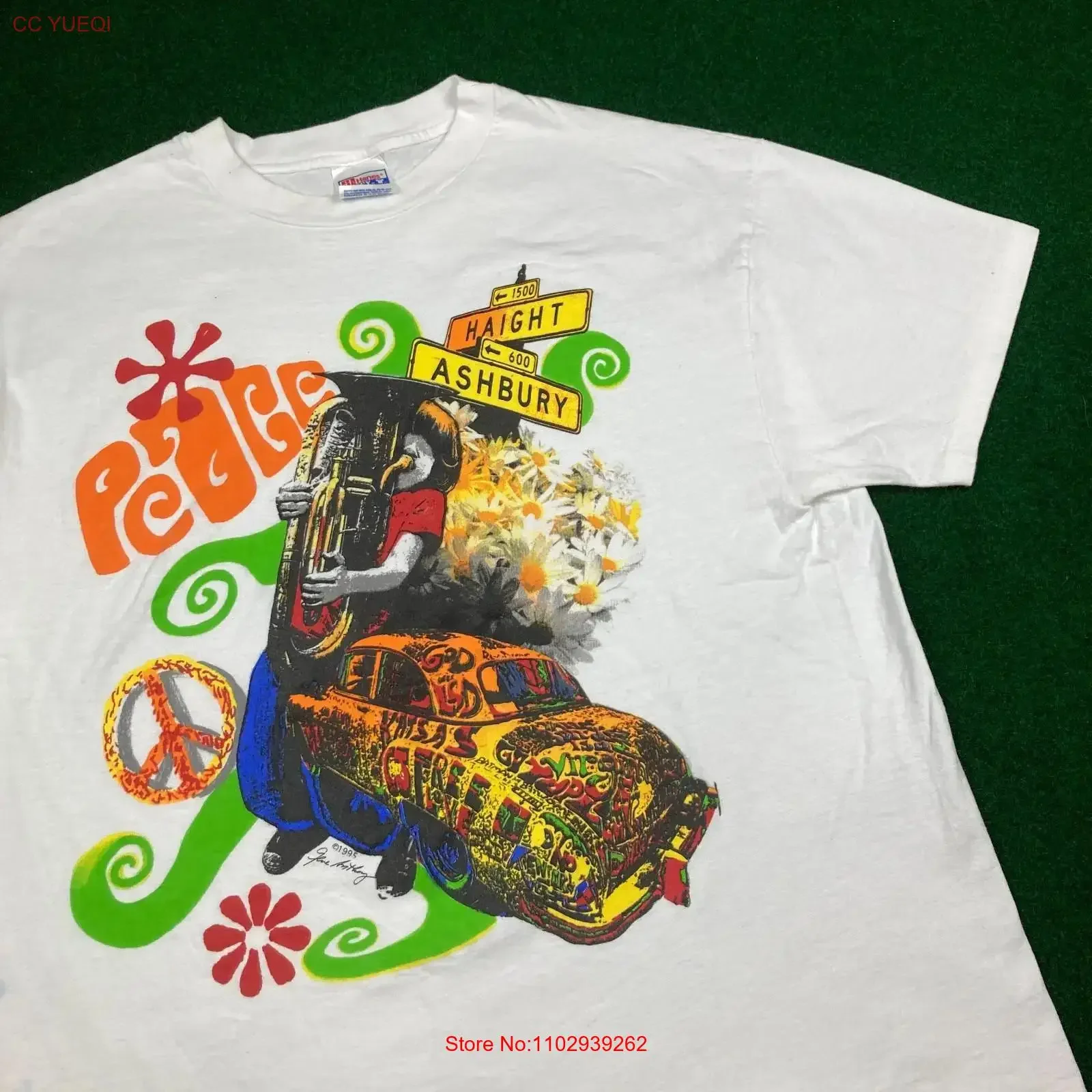 Camiseta Vintage Haight Ashbury Masculina XL Branca 1995 San Francisco Paz Arte Anos 90 Lavada para Uso Diário Versátil