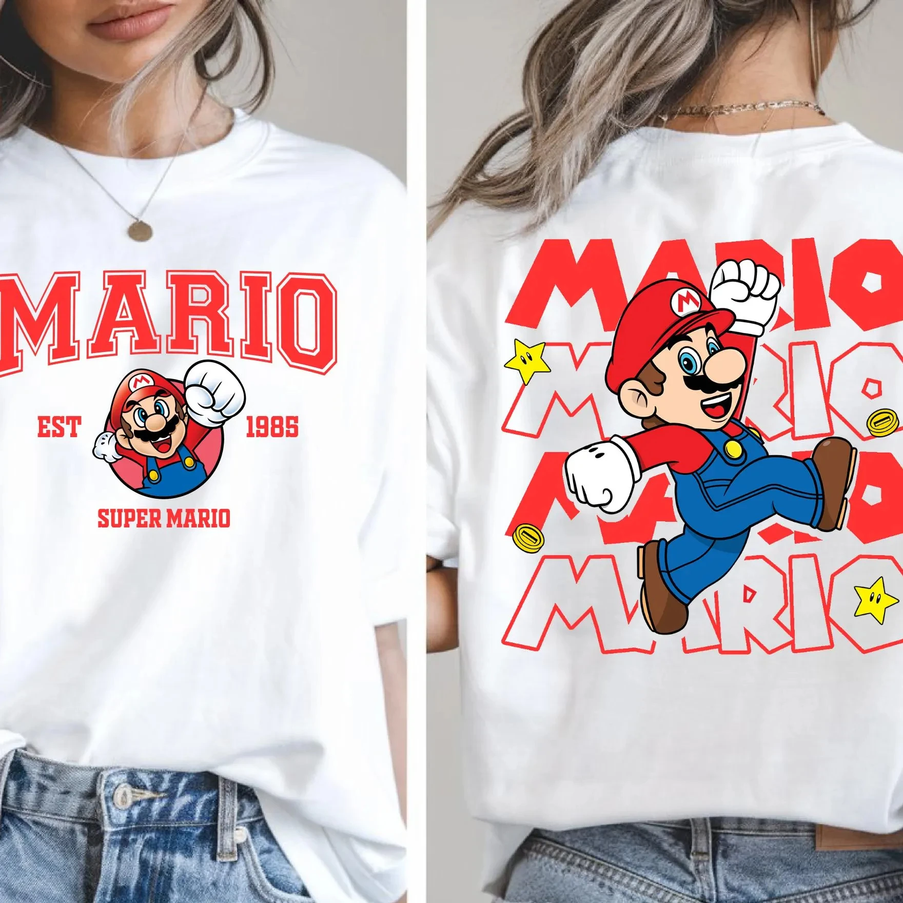 Super Bros Mario Retro Video Game T-shirt Men Women Star Coin Graphic Front and Back Short Sleeve Tees Casual Tops