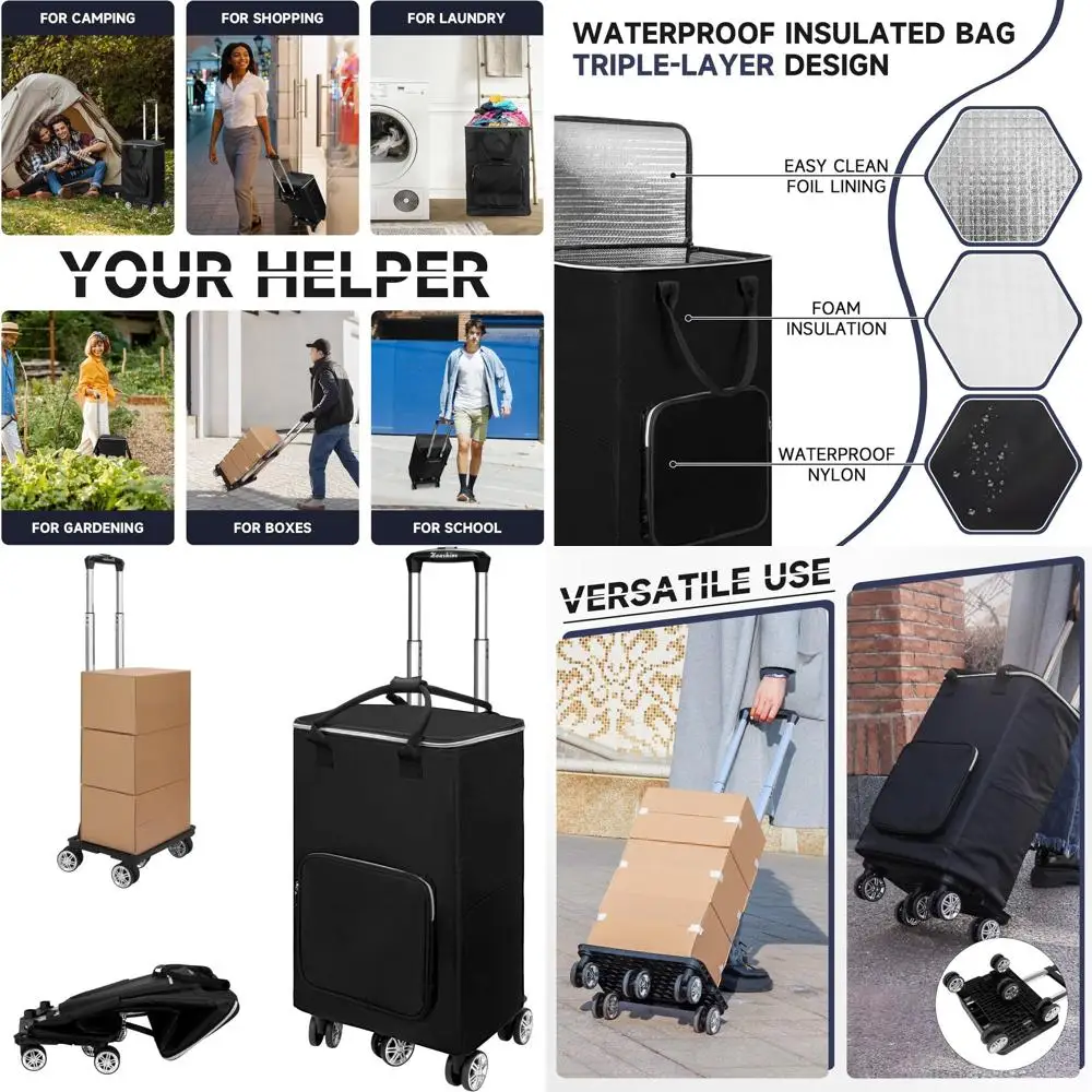 

Изолированная складная тележка для продуктов и белья — поворотные колеса, черная