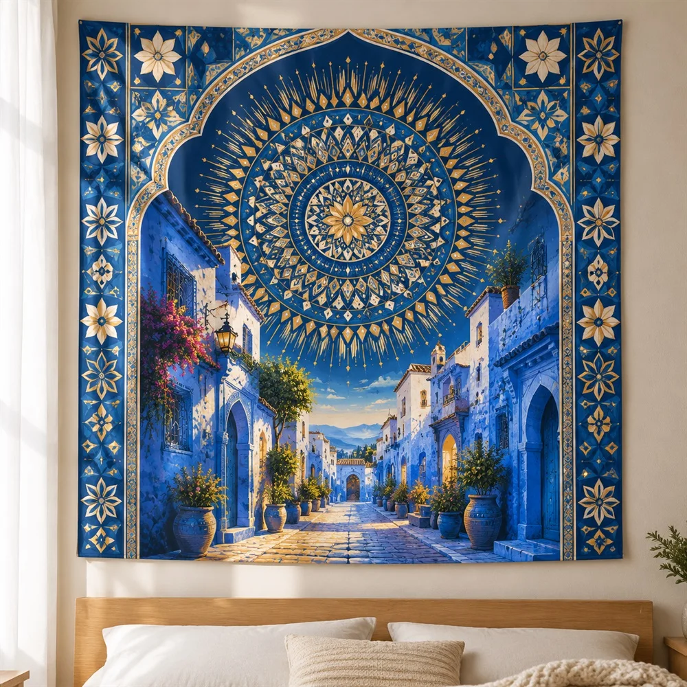 VIKAMA Moroccan Blue City Tapestry Wall Hanging, Travel Scene Moroccan Aesthetic Room Decor Tapestries for Living Room Bedroom