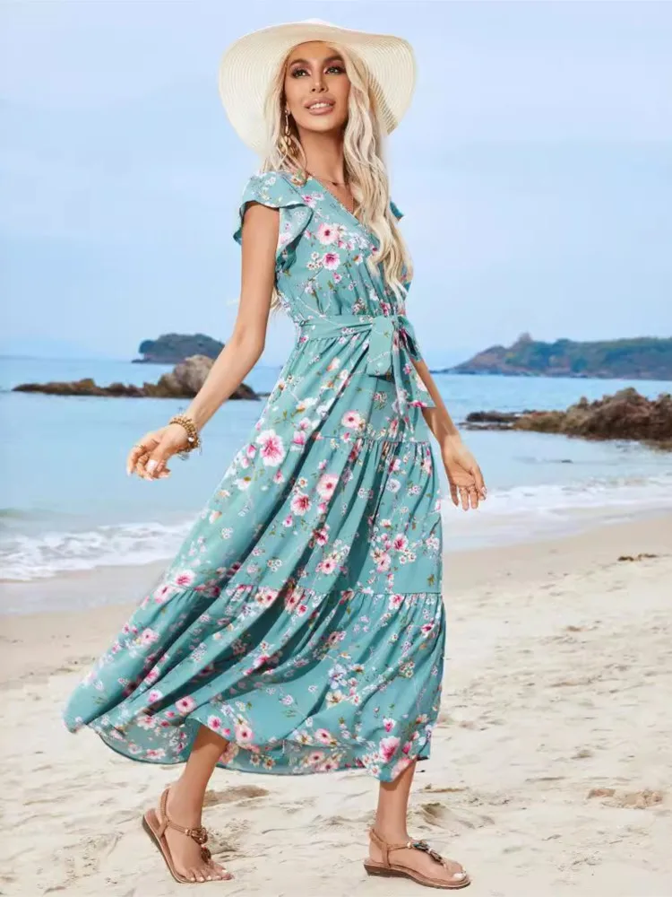 Summer Flower Floral Print Long Dress Women Bohemian Style Fashion V-Neck Ladies Dresses Loose Ruffle Pleated Woman Dress