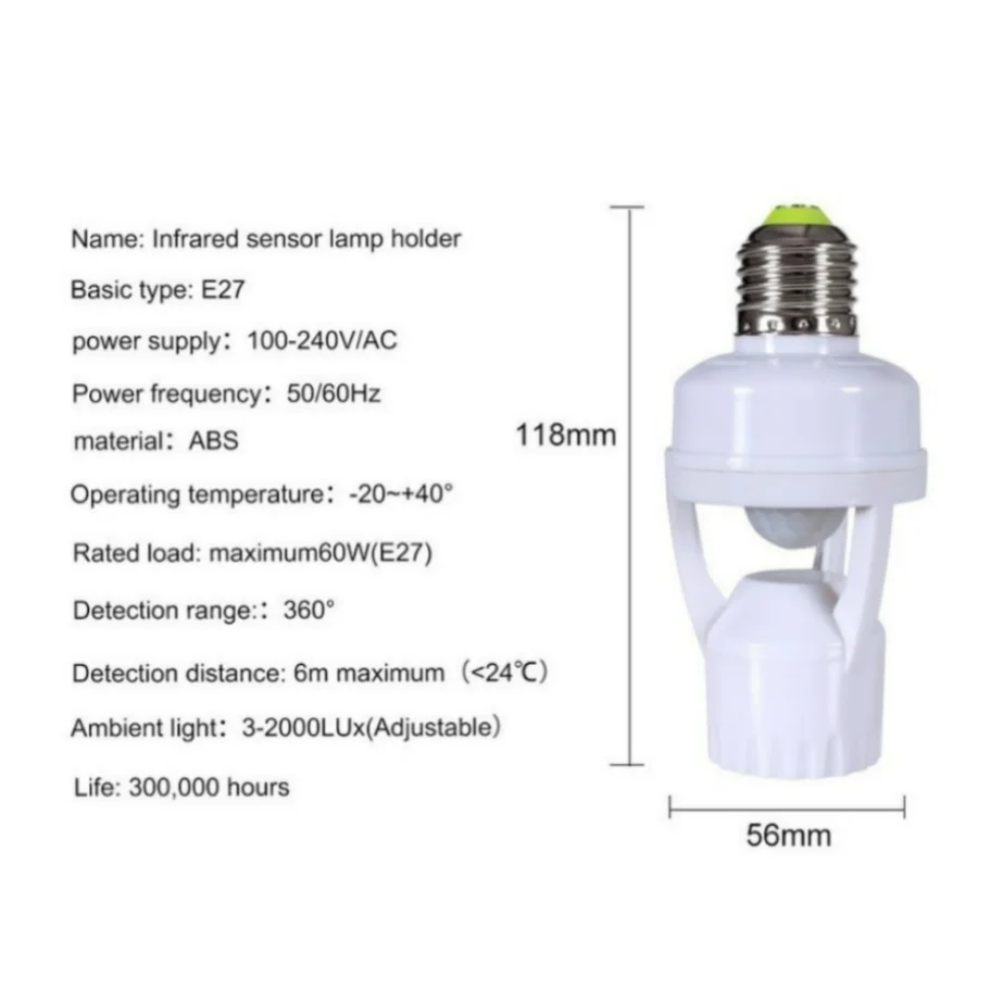 PaaMaa-Sensor de movimiento de inducción humana PIR, lámpara LED de noche, Base de enchufe E27, CA 85V-360 V, interruptor ajustable de tiempo de