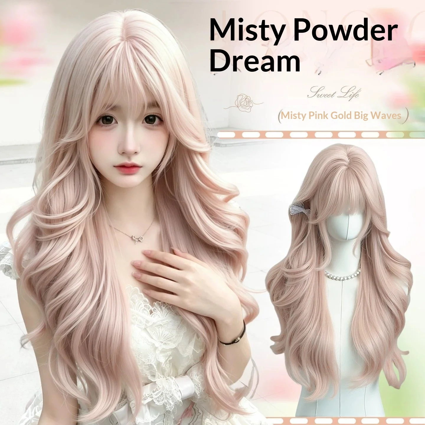 

Rose Maiden Long Curly Wig Misty Pink Golden Full Wig Natural Looking Synthetic Hair For Women Daily Lolita Cosplay synthet