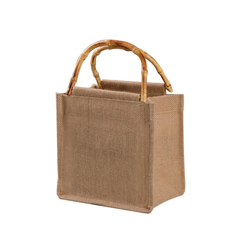 Portable Burlap Jute Shopping Bag Handbag Bamboo Loop Handles Reusable Tote Grocery Bags