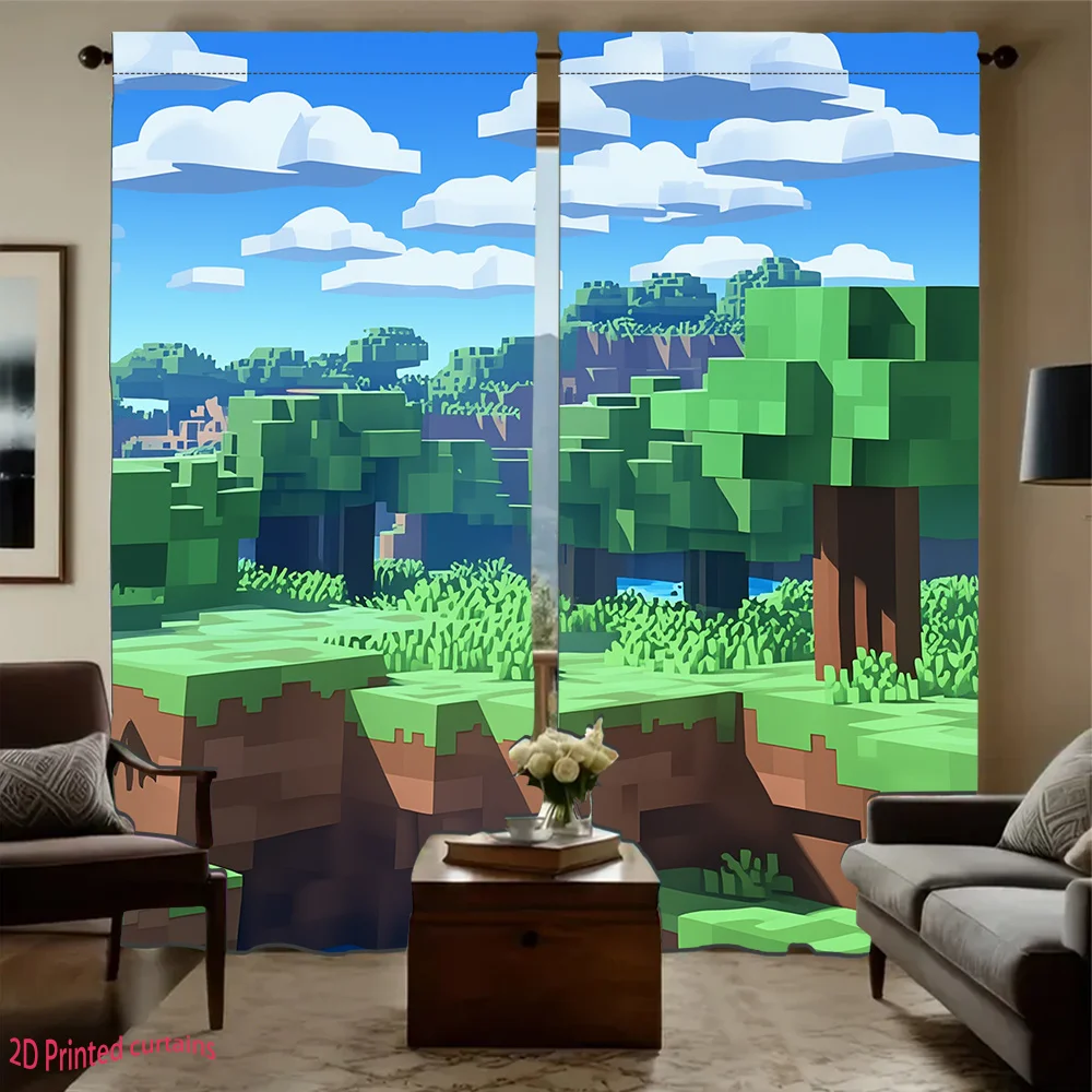Gaming Landscape Rod Pocket Curtain Classic Block Forest Grass Sky Cloud Pixel Pattern Trendy Teen Bedroom Living Decoration