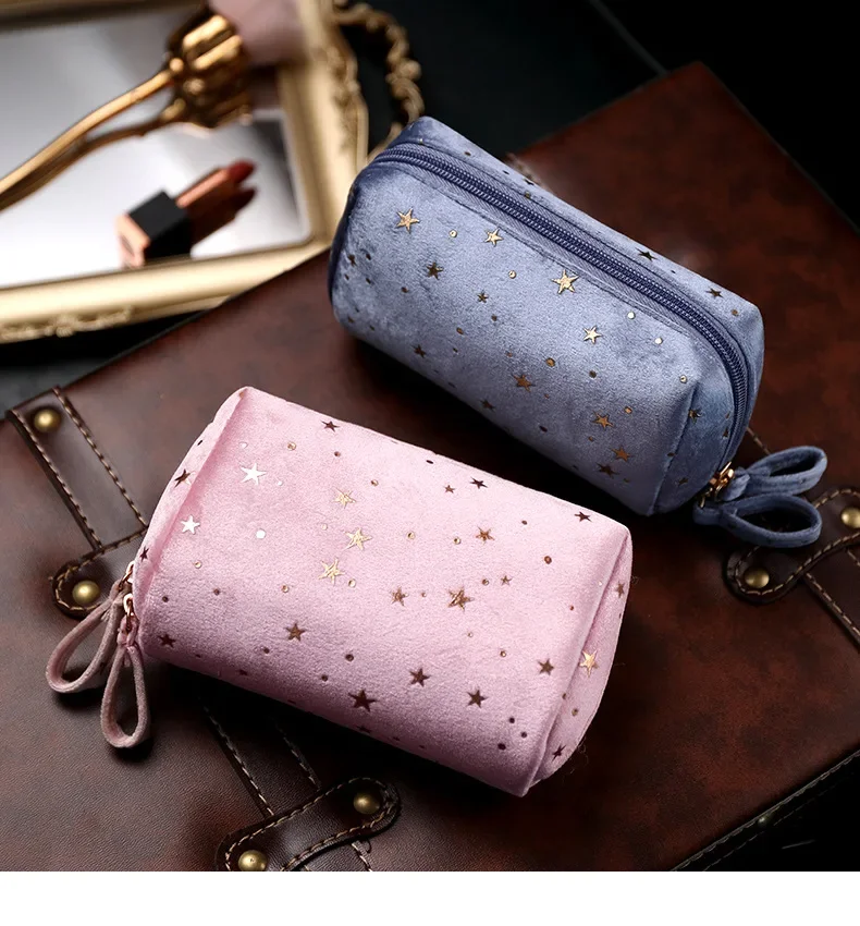 Bolsa de cosméticos con decoración de estrellas para mujer, bolsa de almacenamiento de maquillaje de terciopelo suave, bolsa de viaje, paquete de