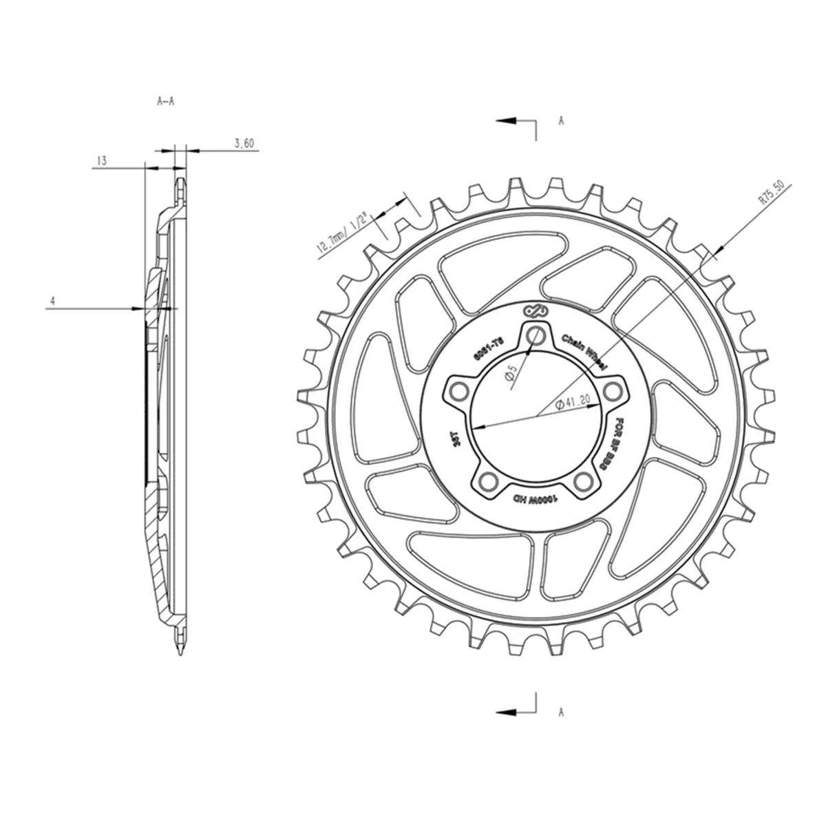 Suitable for Bafang Mid-Mounted BAFANG BBS 1000W HD 36T 6061-T6 Aluminum Alloy Crankset