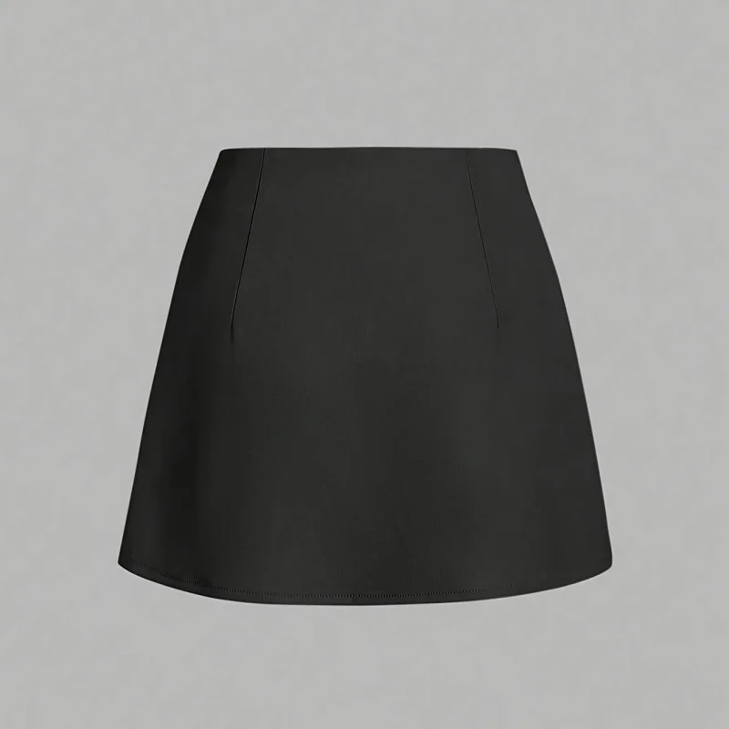Damen-Minirock mit hoher Taille, Wickeldesign, asymmetrischer Schnitt, Metallschnalle, vorne mit Schlitz, kurzer schwarzer Rock, modisches Streetwear-Oberteil. – Detail 8
