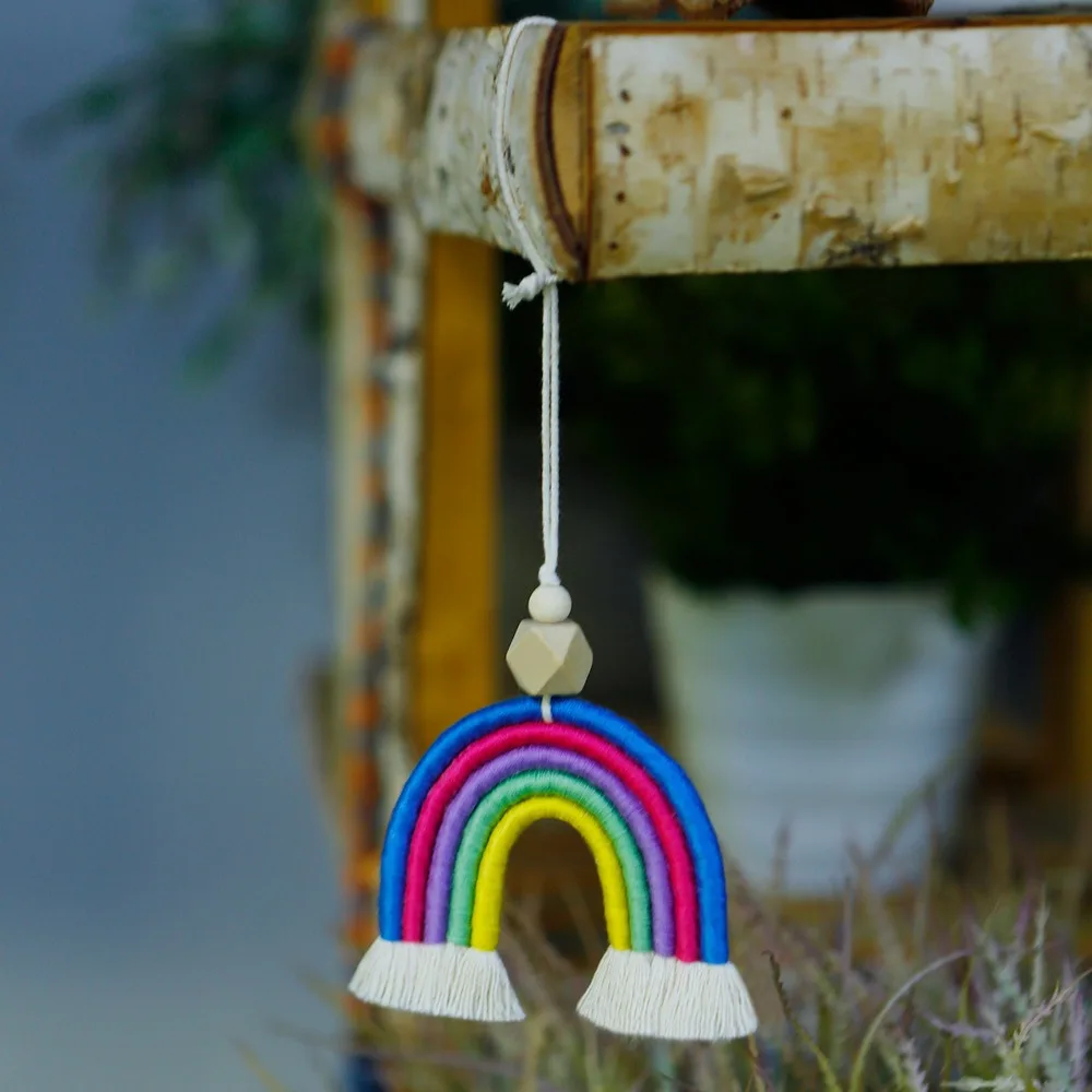 Boho Rainbow Car Charm Macrame Bohemian Rainbow Hanging Pendant Handmade Weaving Rainbow Charm for Car Accessories Decor & Home