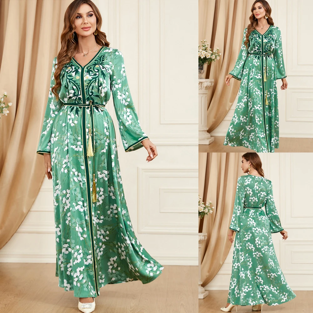 

Elegant Floral Embroidery Women Long Dress Abayas Kaftan Dubai Turkish Moroccan Jalabiya Auutmn V-neck Evening Party Ramadan