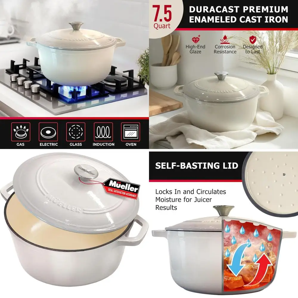 

Oyster White 7.5 QT Cast Iron Dutch Oven with Lid, Heavy-Duty Casserole and Braiser, Oven-Safe to 500° F, Suitable for All Cookt