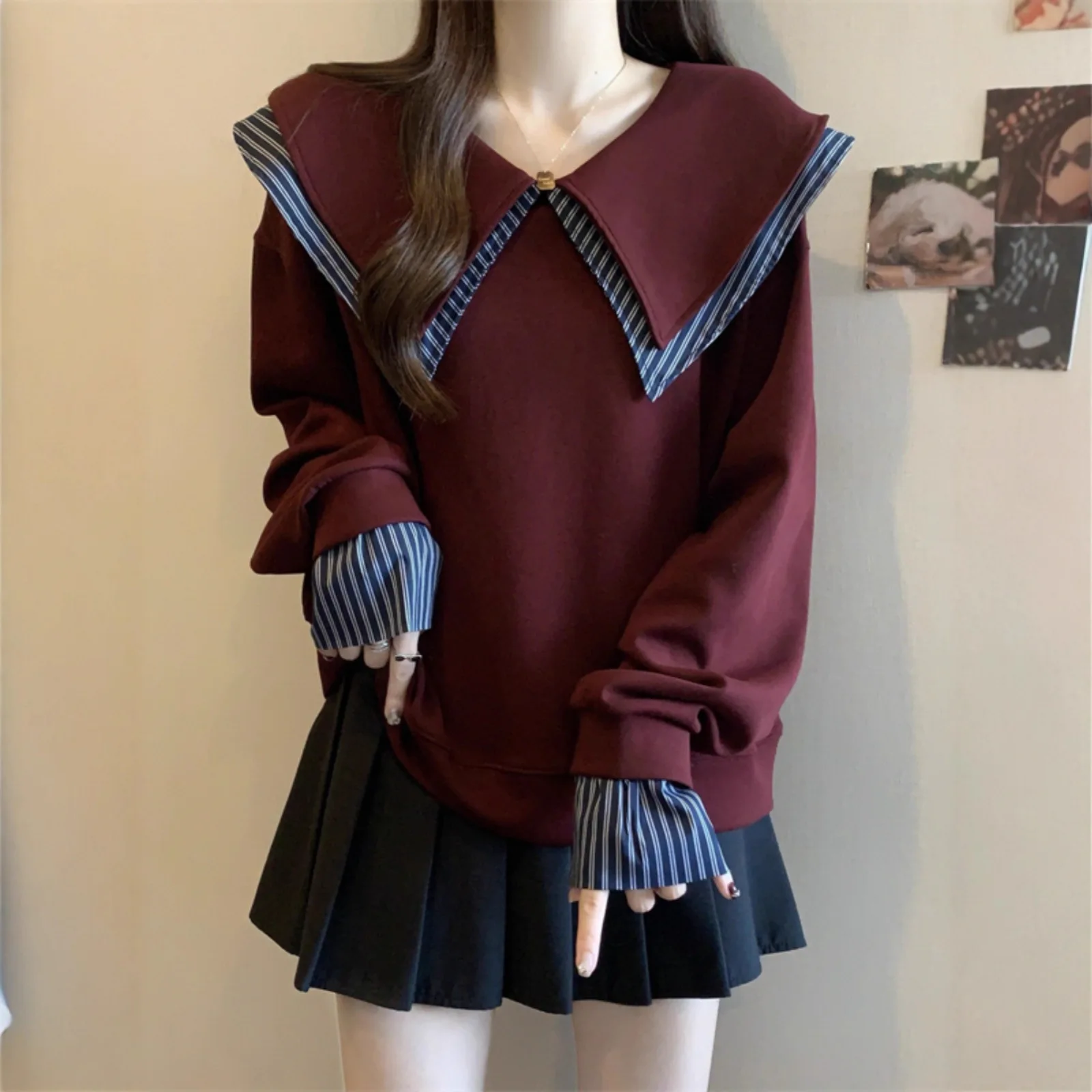 

College Style Doll Collar Sweatshirt for Women New Large Size Fat Mm Fashionable Fake Two-piece Top European Small Shirt