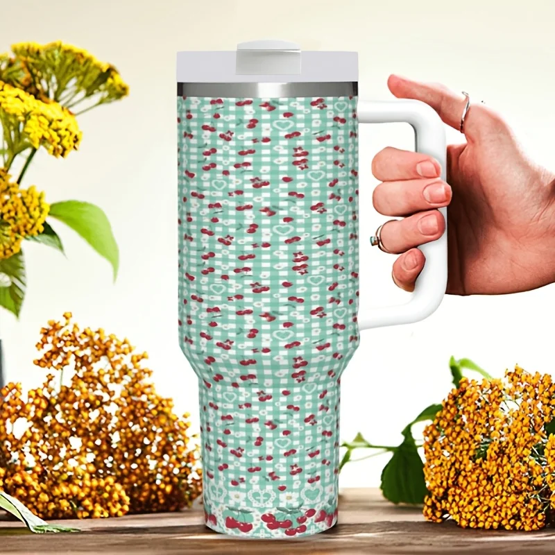 40oz Handheld Stainless Steel Tumbler, Mint Green Ditsy Red Floral All Over Print Double Wall Insulated Mug for Outdoor Sports& Car Use