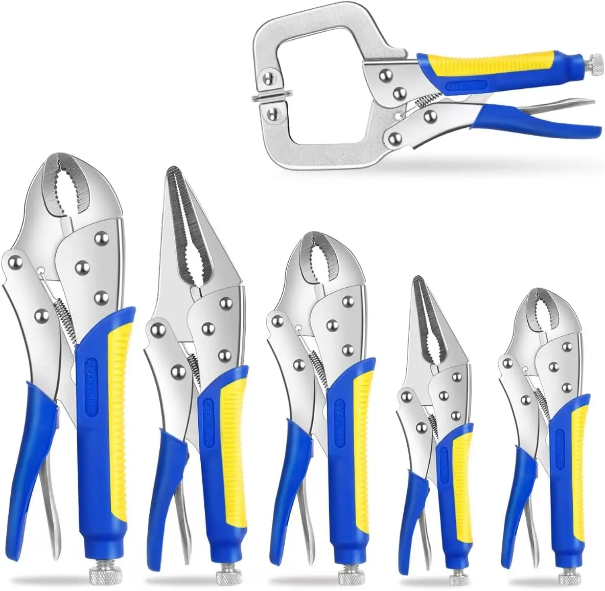 

6-Piece Locking Pliers Set with Curved Jaw, Needle Nose, and C-Clamp for Woodworking, Metal Work
