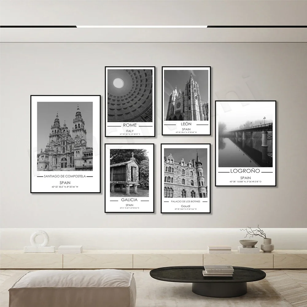 ملصق المدينة السياحية الإسبانية لغاليسيا، أوروبا Logroño، مبنى متحف Guggenheim، أستورياس، كاتدرائية ليون #4