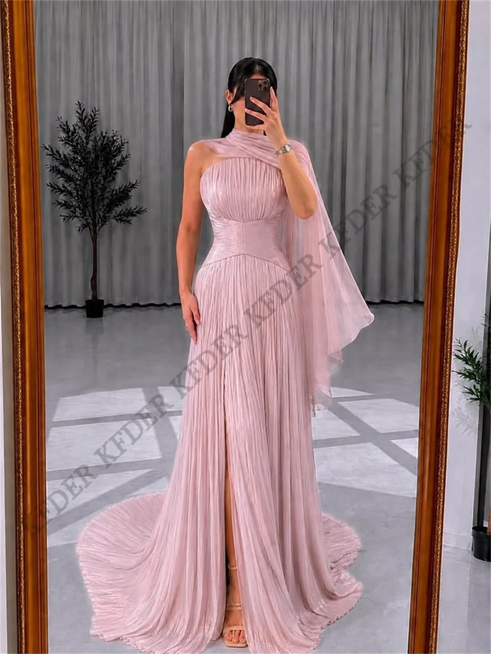 Light Pink Chiffon Side Slit A Line Prom Gowns Formal Night Party Gown Floor Length Evening Dress vestido de festa Customized
