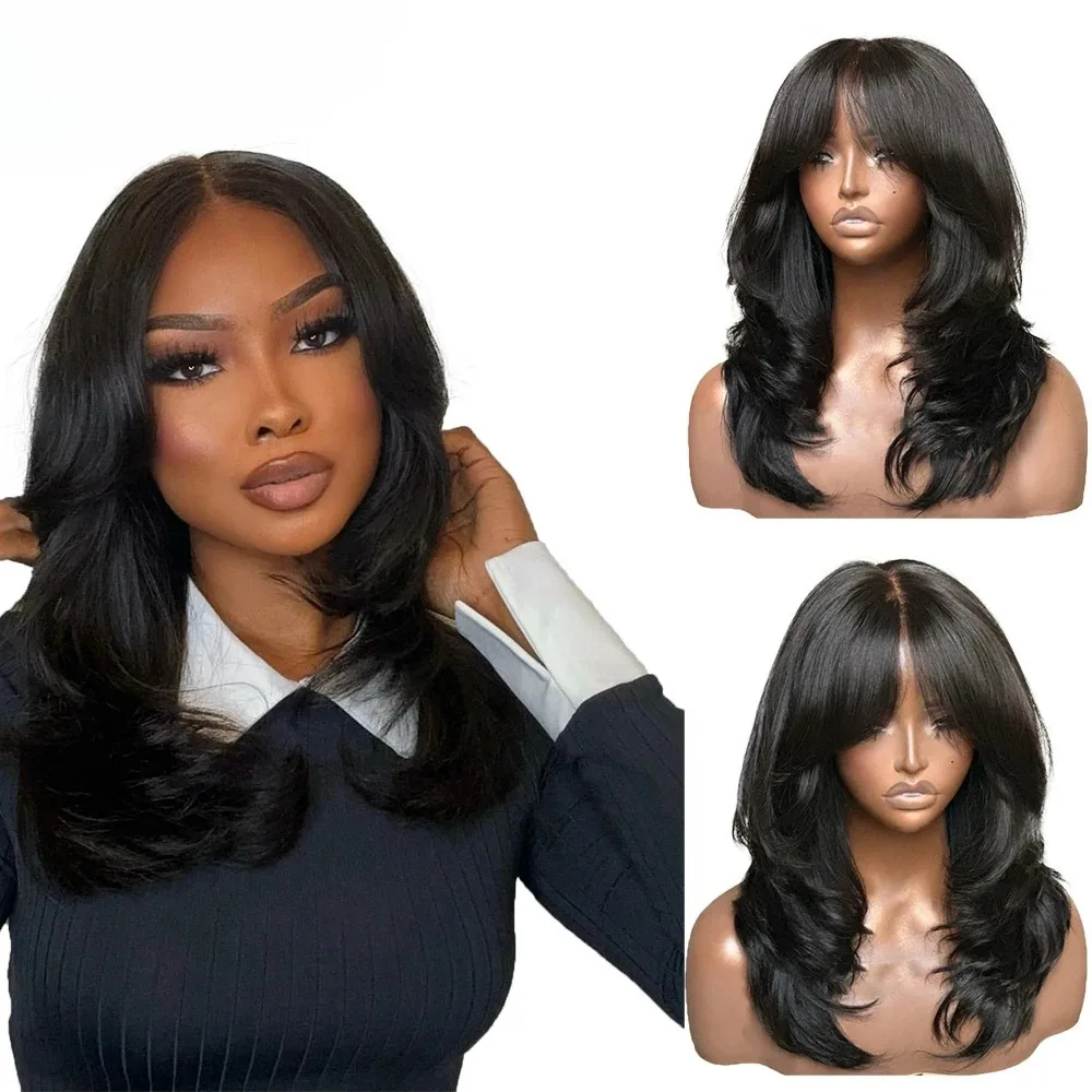 

Черный многослойный парик с прямым кроем и кружевной передней частью, с челкой-«шторкой», предварительно прорезанный, 13x4 HD, синтетический, высококачественный, для косплея