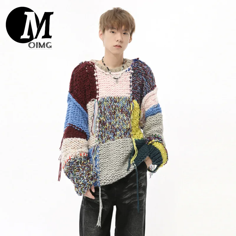 [OIMG] Autumn New Product Heavy Craftsmanship Loose Color Blocked Tassel Lazy Round Neck Knitted Sweater Trend