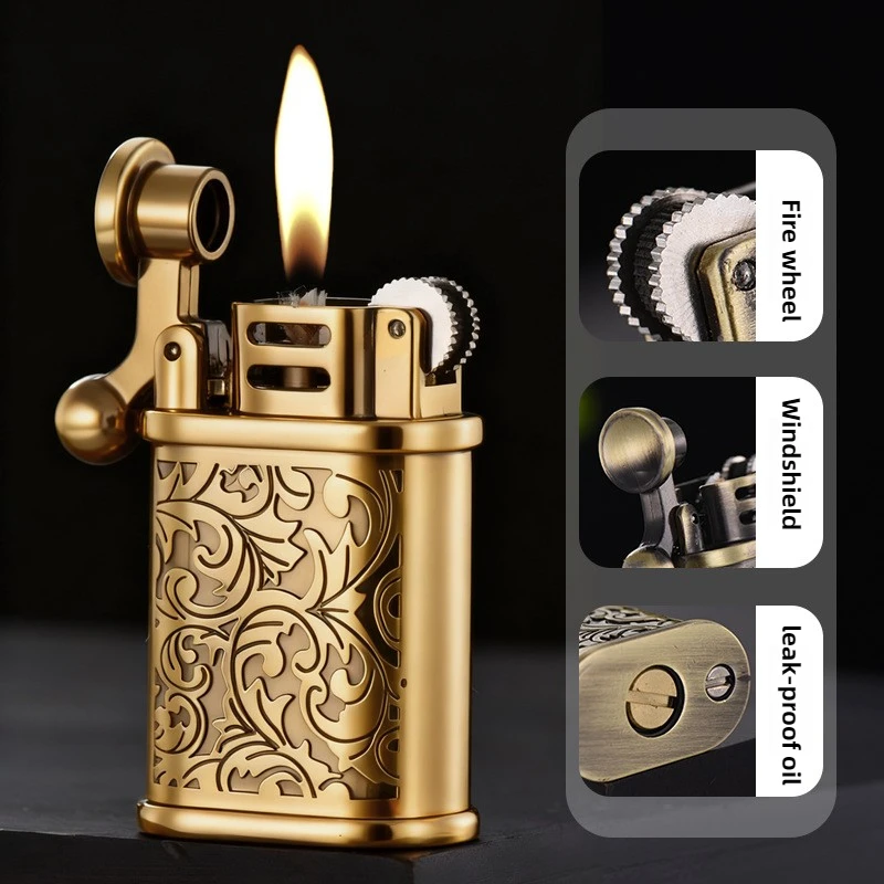Retro dreidimensionale geschnitzte Schleifscheibe Feuerzeug, Metall Arabesque Muster Mini tragbarer Zigarettenanzünder, Herren-Gadgets