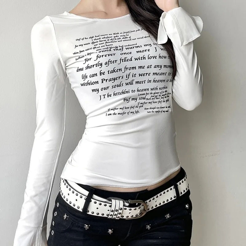 American casual small letter printed micro flared sleeve slit knitted top women's round neck slim fit versatile spicy girl T-shi
