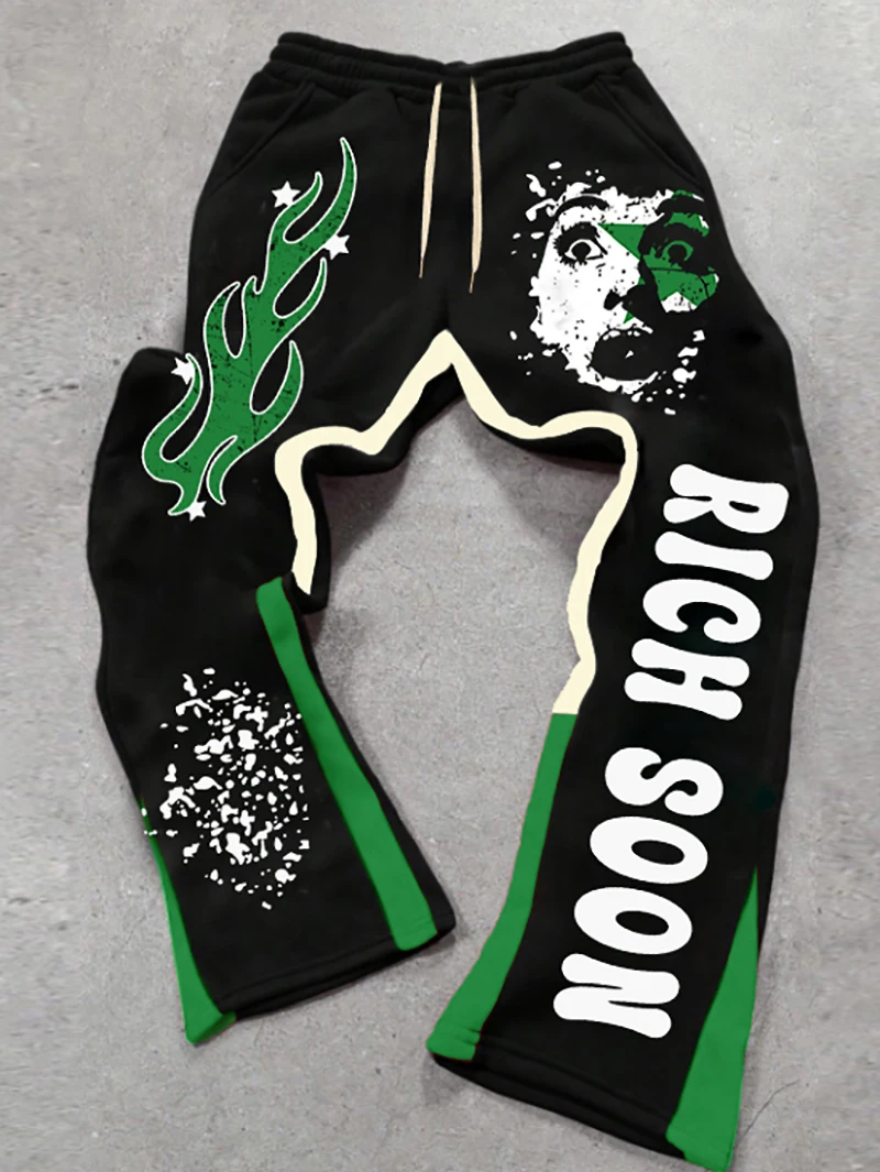 

Men's street long sweats with flame & quirky - avatar prints, contrast - color, "RICH SOON", convey fashion ideals & hopes.