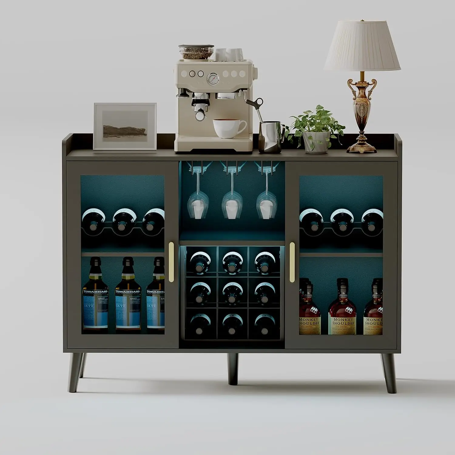Wine Bar Cabinet with LED Light & Rack, Kitchen Buffet with Glass Holder & Door for Living Dining Room, Customized