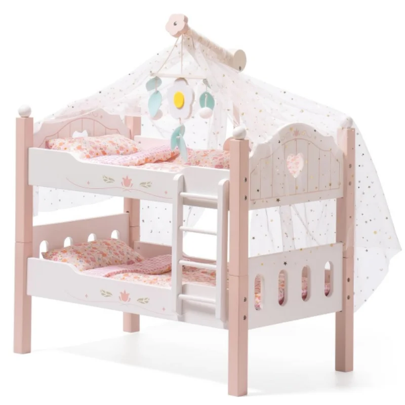 Robotime Robud Baby Doll Bunk Beds for 18 inch Dolls American Girl Doll Furniture Toy with Bedding Pink Wood 2pcs Beds