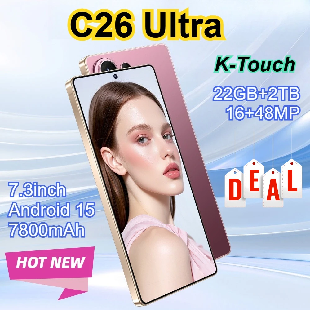 K-Touch NEW Smartphone For C26 Ultra 5G Cell Phone 7.3 Inch 7800mAh Battery Mobile Phones Full Display 48MP Camera Android 22GB RAM 2TB ROM Octa Core Face ID Dual SIM 4G Unlocked Android 15 Cell Phone with FM Radio GPS