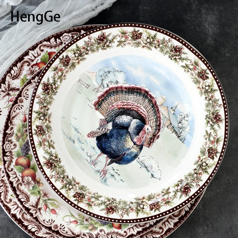 

American Style Turkey Color Painting Ceramic Plate Creativity Dinning Room Decoration Spaghetti Diner Plate Western Tableware