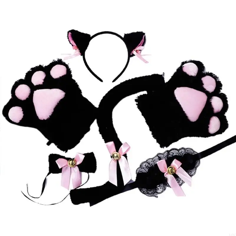 X4YC COSPLAY VOOR SET PLUSHTAIL EAREN HAARBAND GLOVES BOWKNOT ANIME Maid Props