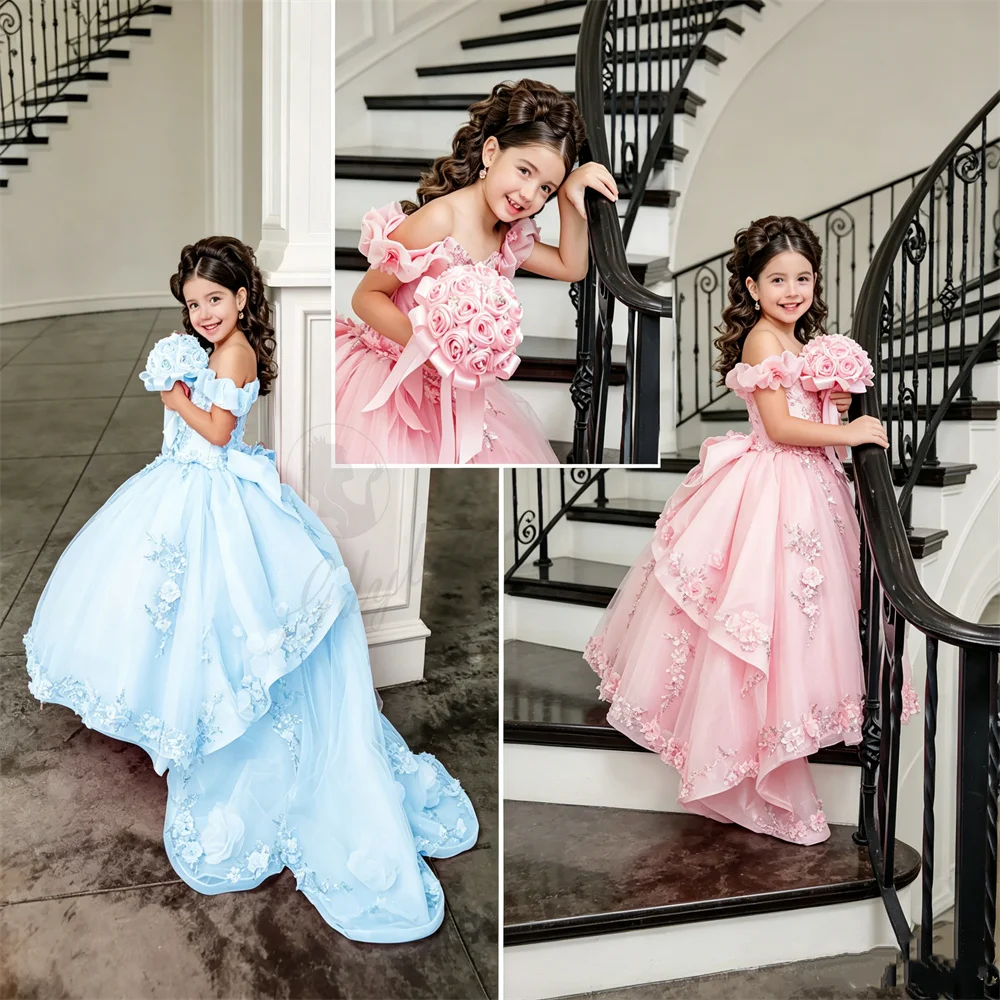 

Gorgeous Light Blue Flower Girl Party Dresses Gown Wedding Bridesmaid with Train Off-shoulder Birthday First Communion Gowns