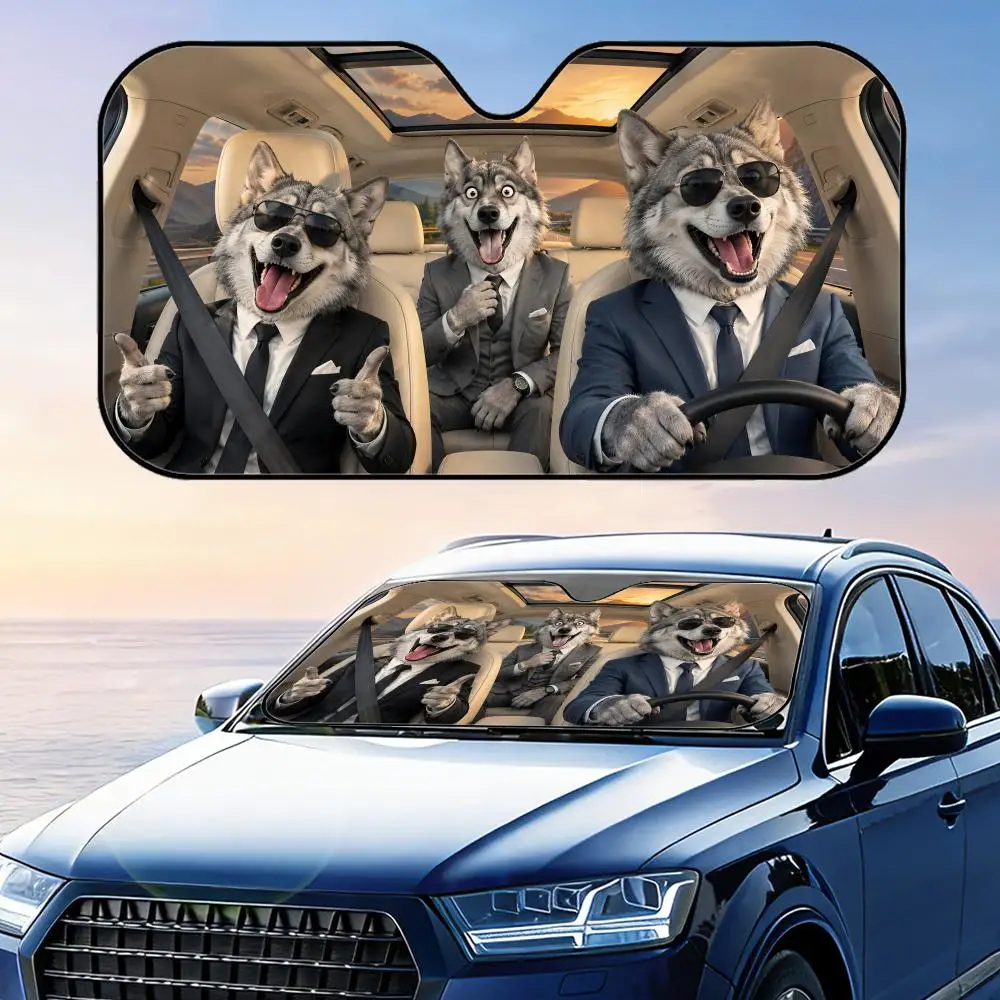 Driver Wolf in Suit Sun Visor Car Windshield Sunshade UV Protection Reflective Foldable Heat Insulation Cover