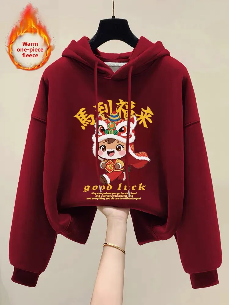 

Красная женская толстовка с капюшоном, утепленная флисом, осенне-зимняя модная верхняя одежда, трендовый свитшот в корейском стиле с длинными рукавами и мультяшным принтом
