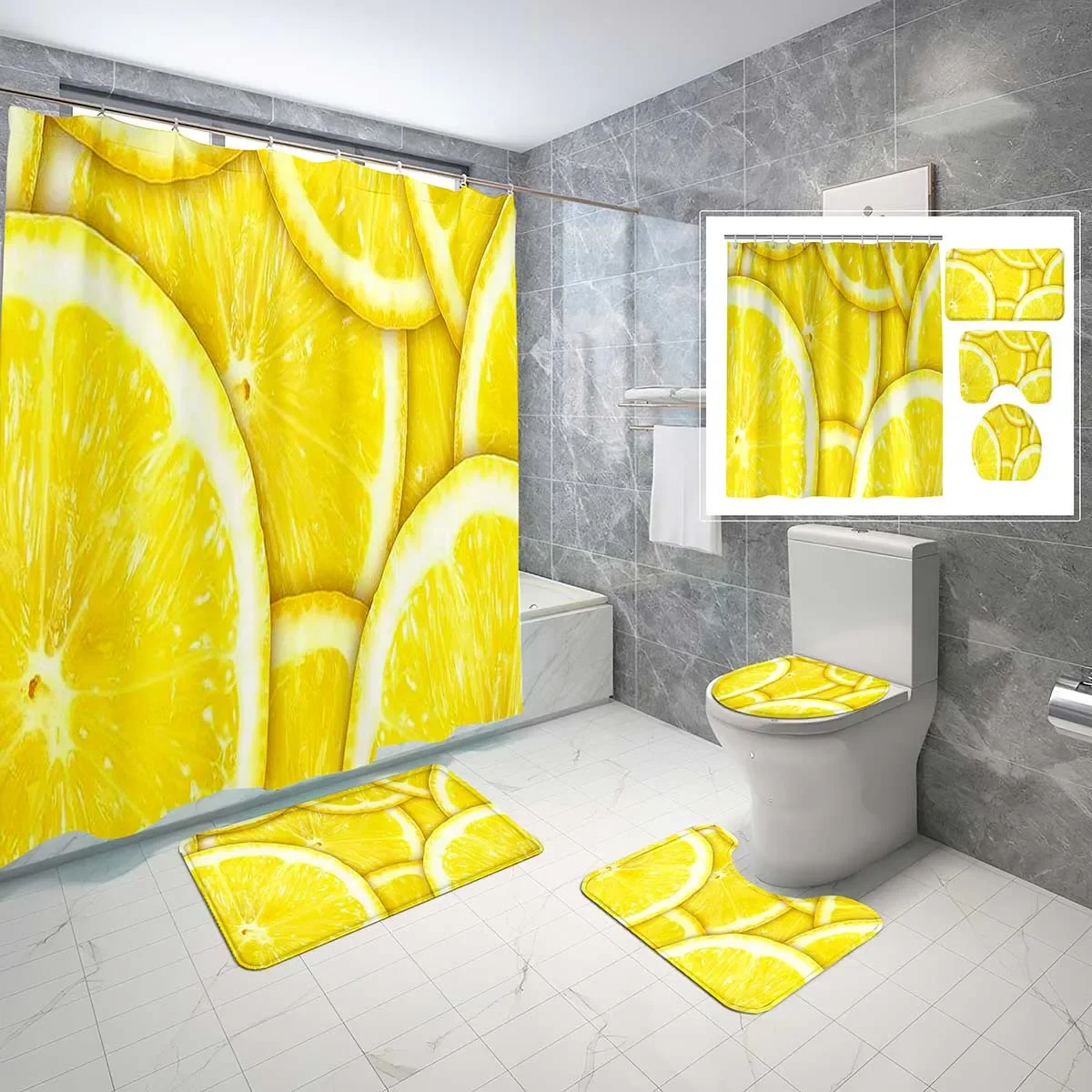 Cartoon Lemon Shower Curtain Sets 4 Pcs with Non-Slip Rugs Mat Toilet Lid Summer Fresh Fruit Waterproof Shower Curtains Set