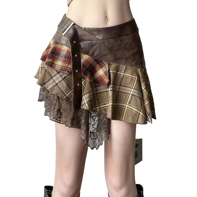 

New retro fashion street asymmetric women mini skirt lace striped plaid leather irregular fashion stylish design skirt