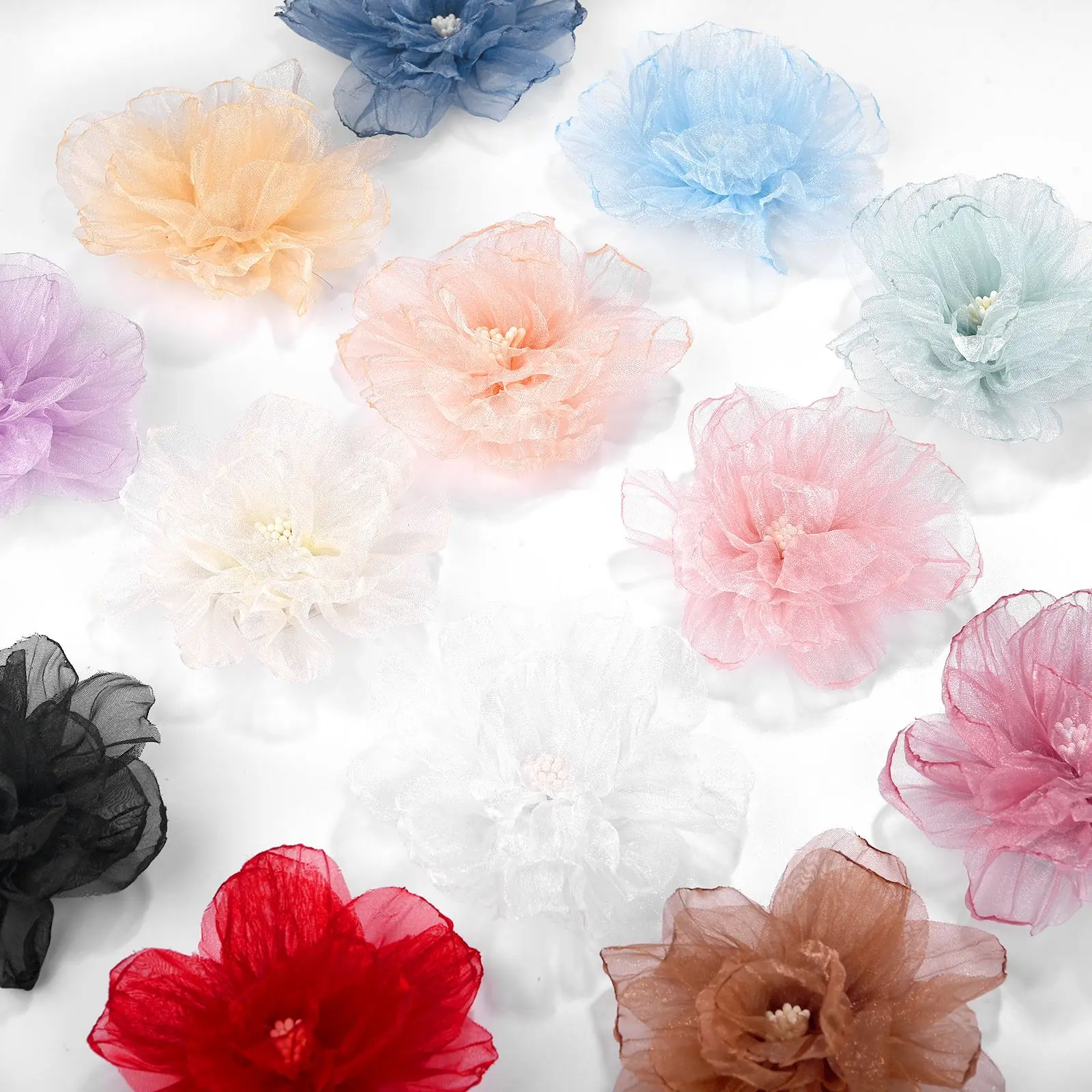 1pcs 9-10CM Organza Chiffon Fabric Flower Beads Center Handmade DIY Artificial Flower Headwear Dress Hairpin Shoes Neck Decor