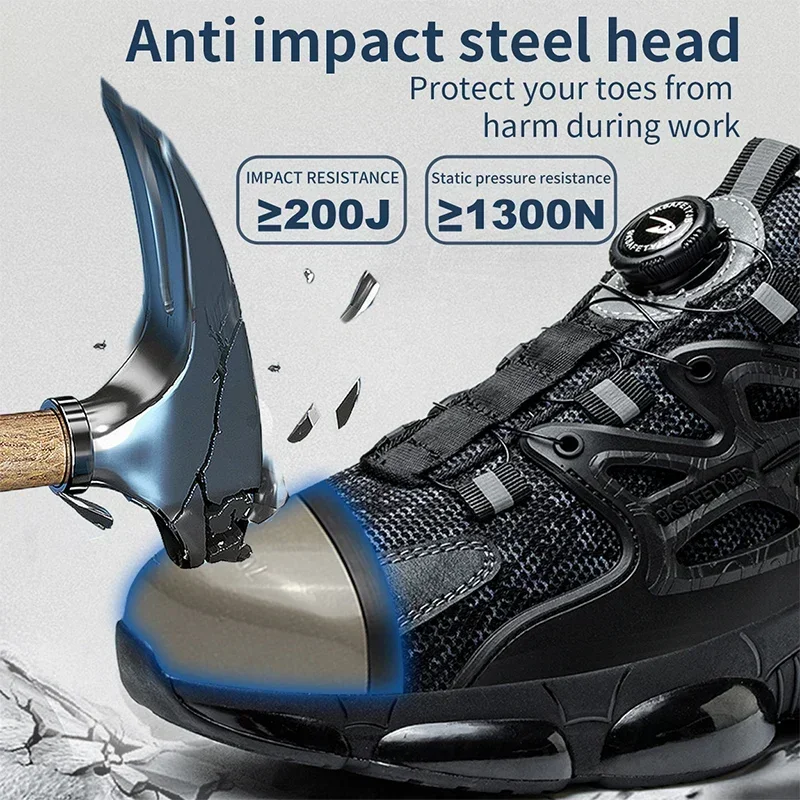 Rotating Button Steel Toe Safety Shoes Men Puncture Proof Indestructible Work Sneakers Breathable Lightweight Protective Boots