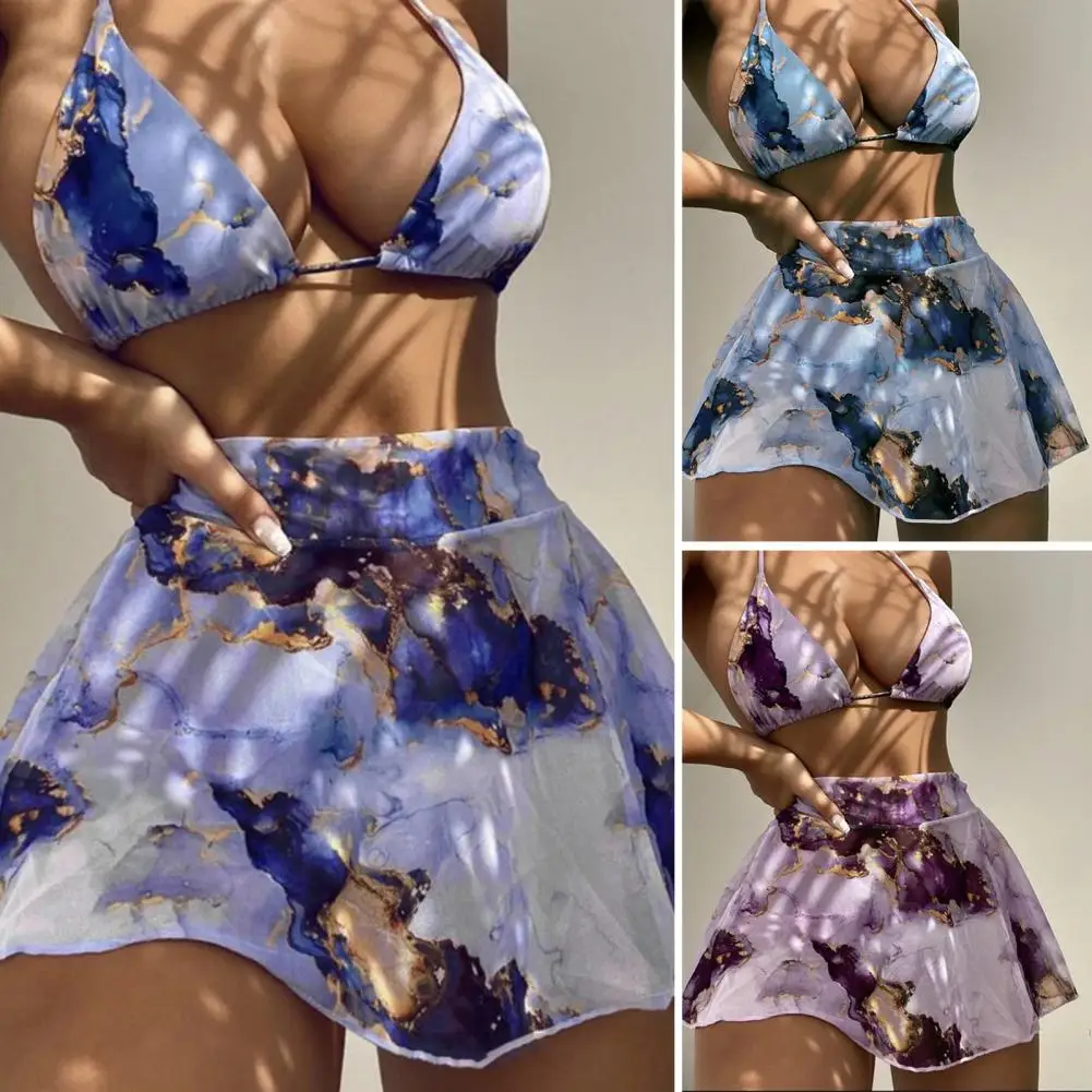 3Pcs/Set Stylish Bathing Suit  Push Up Quick Drying Bikini Skirt Cover Up  Three-piece Women Skirt Swimwear