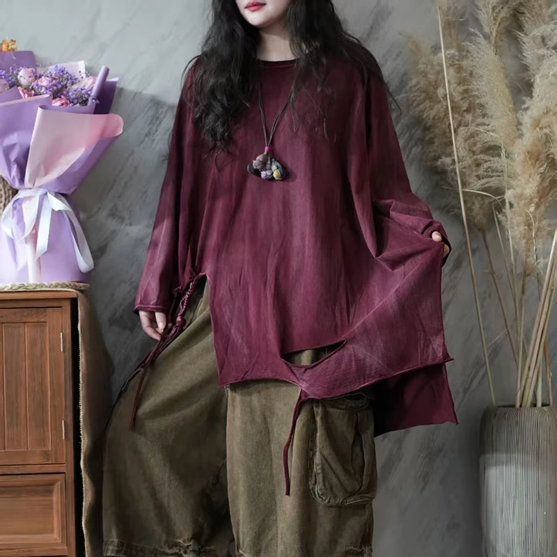 2026 New Arrival Spring Women Loose Casual 100% Cotton Split Hole Design O-neck Tops Tees Asymmetrical Long Sleeve T-shirt X115