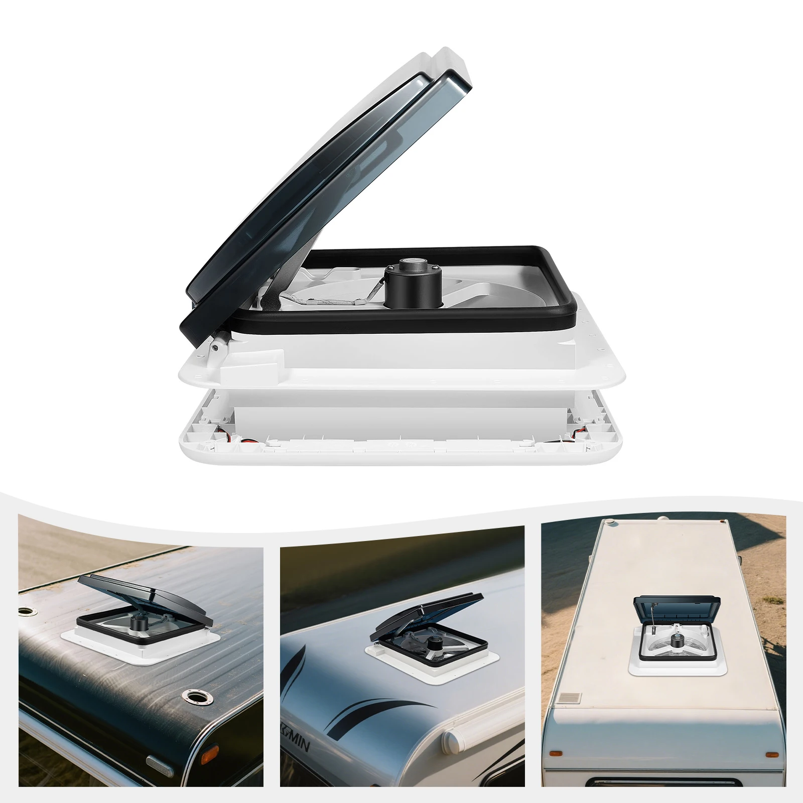 Wohnwagen-Dachlüfter 12V RV-Belüftungsventilator mit LED-Licht, Geräuscharm IP68 Wasserdicht Camper-Lüftungsdachfenster 28*28cm