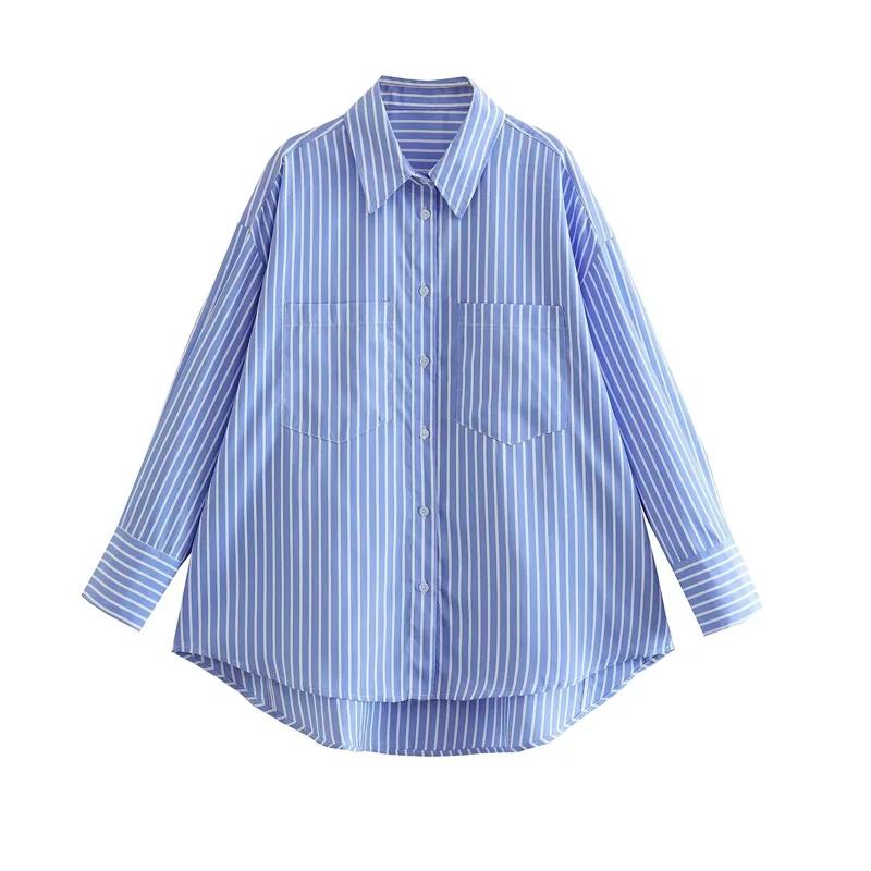 TRAF Blue Striped Shirt Women Casual Oversized Long Shirt Woman Korean Fashion Button Up Long Sleeve Shirts Office Loose Shirt