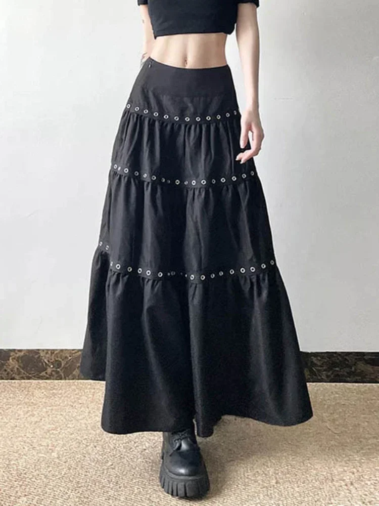 

2024 New Vintage Gothic Skirt Women Dark Harajuku Streetwear Cyber Punk High Waist Eyelet Skirts Y2k E-girl Alt Grunge Clubwear