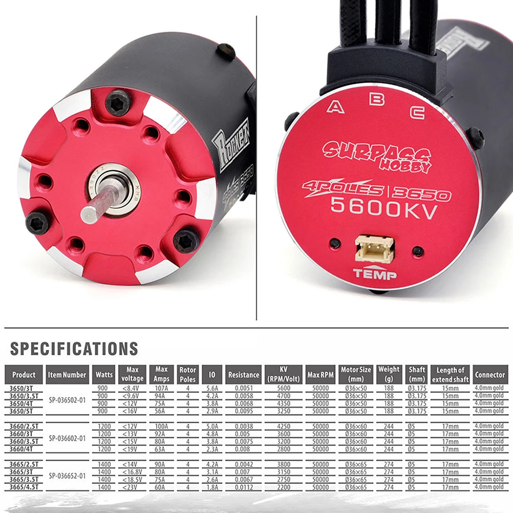 RC Car Motor 3650 Brushless Motor 5600KV 4700KV 4350KV 3250KV w/Temp Sensor for 1/8 1/10 Tamiya GTR Traxxas RC Drift Racing Car